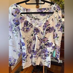 Anthropologie Floral Purple and White Popover Blouse 2X, NWT $78
